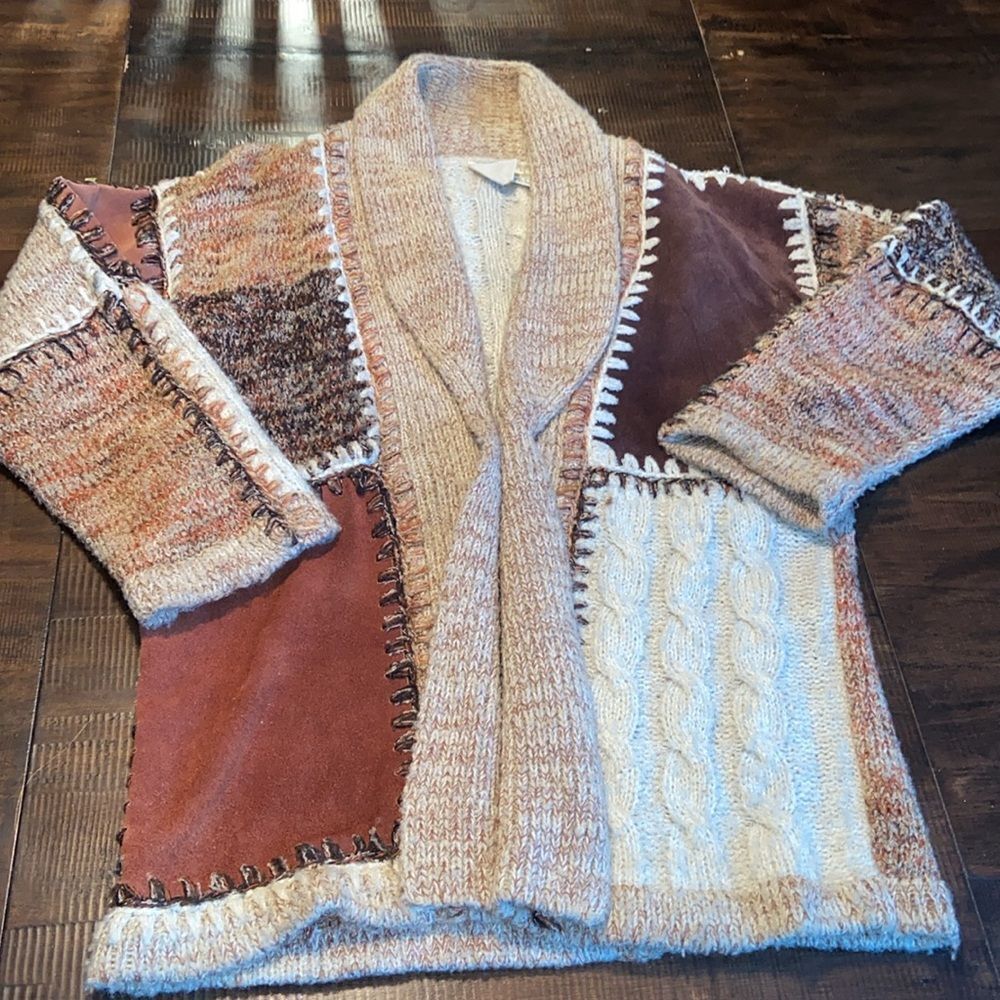 Vintage Kensington Patchwork Cable Knit & Leather Boho Cardigan Sweater large